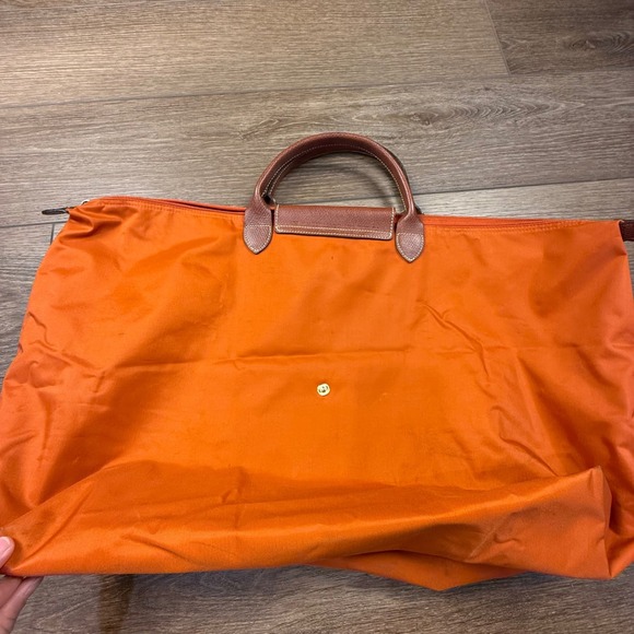 Longchamp Le Pliage Large Travel Weekender Tote Orange Leather Fair Condition - Picture 6 of 16